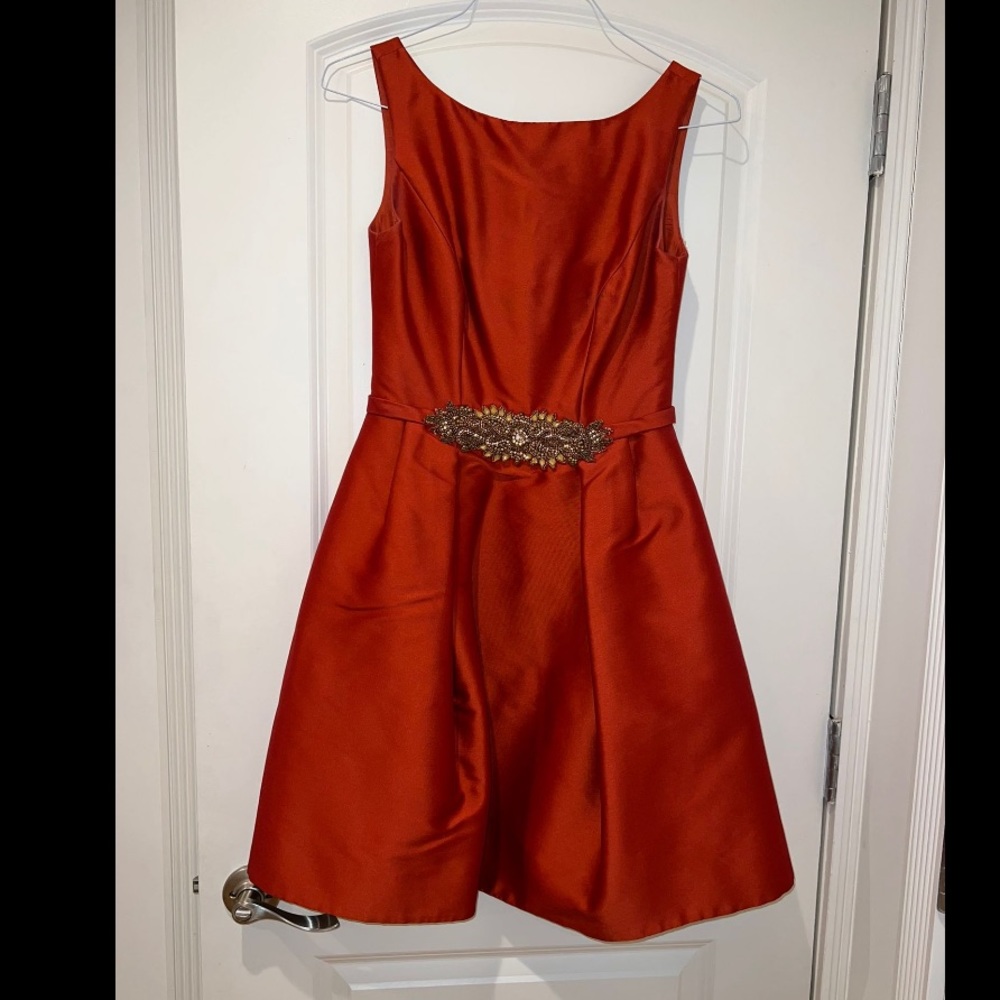 Theia Orange Dress with Embellished Belt